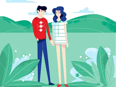 Love 2d boy clouds couple flat girl illustration mountains plant
