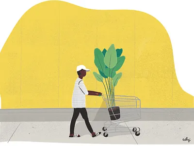 IKEA cart flat green hat hipster house illustration plant stripes supermarket walking yellow