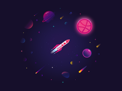 Hello Dribbble debut dribbble first gradient hello illustration invite planet rocket shot space