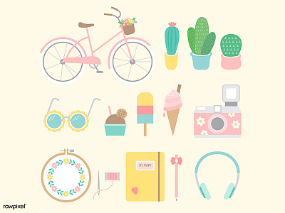 Girly Lifestyle Icon Set bicycle cactus cute design girly ice cream icons illustration lifestyle pastel summer vector