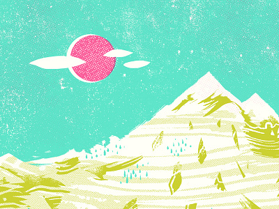 Halftone Mountains bold clouds landscape mountains print screenprint silkscreen sun vibrant
