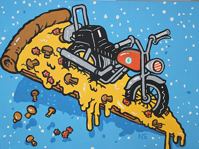 Pizza Bike Painting illustration motorcycle mushroom painting pizza sausage