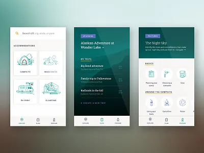 Campr Screens app camping design hand drawn illustration ios list modules planning search