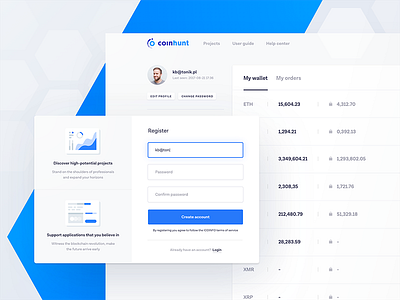 coinhunt dashboard bitcoin blockchain blue cryptocurrency dashboard light modern profile simple tonik ui ux