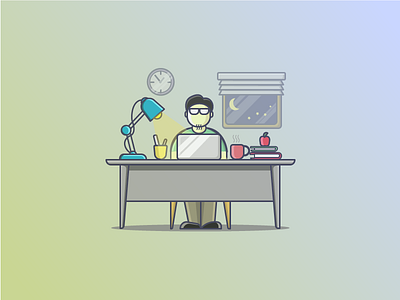 working in the night character design designer desk desktop illustration laptop night simple work workspace