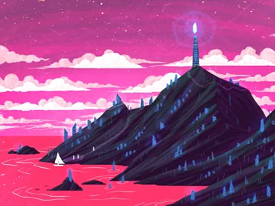 Gemberry Isle boat color study crystal digital painting fantasy gem illustration island landscape ocean photoshop pink