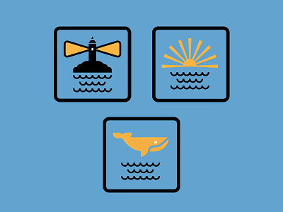 At the Beach badge beach icon lighthouse logo ocean sea sun sunrise water waves whale