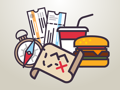 Adventure Icons adventure burger compass flat food icon illustration map minimal ticket