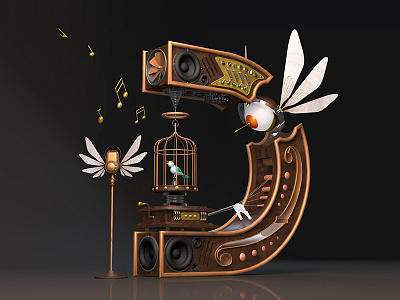 Musical D 3d bird c4d cinema 4d music soundbox type wing