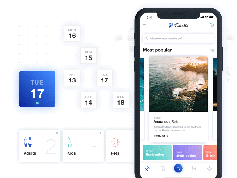 Travello App - Search a new adventure animation app discover flight fly iphone x journey map plan plane search travel
