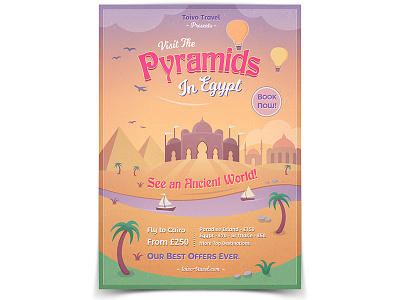 Pyramids of Egypt Flyer cairo exotic nostalgic print retro artwork sunset tourism travel vacation vector vintage poster