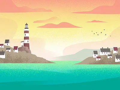 Lighthouse Bay coast coastline houses landscape lighthouse ocean sea sunset