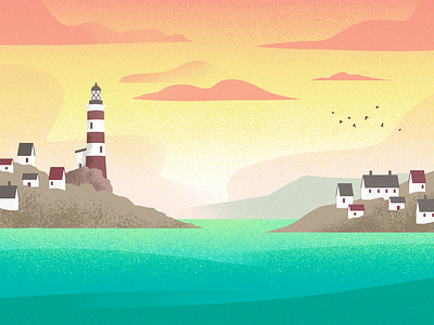 Lighthouse Bay coast coastline houses landscape lighthouse ocean sea sunset