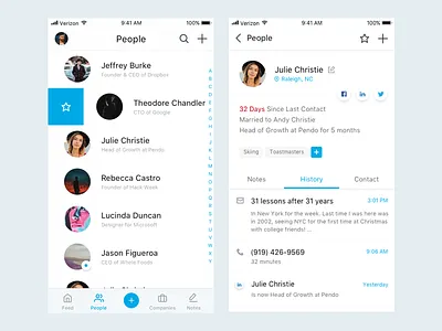 Relationship Manager companies contacts crm feed mobile app people profile relationships ui ux