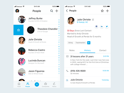 Relationship Manager companies contacts crm feed mobile app people profile relationships ui ux