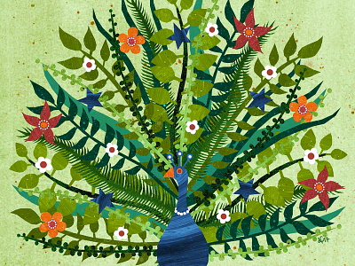 Spring Peacock animal bird flowers green illustration peacock plants