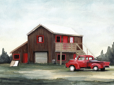 Red canada chevy country illustration travel watercolor