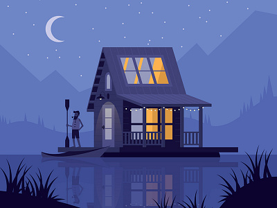 Floating Cabin cabin kayak moon mountains night