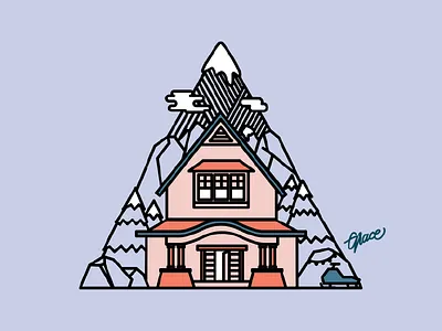 Dreaming of a Winter getaway house illustration landscape line art scene snow winter