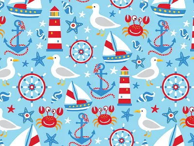 Marine anchor crab fabric lighthouse marine pattern sea seagull seamless ship star textile