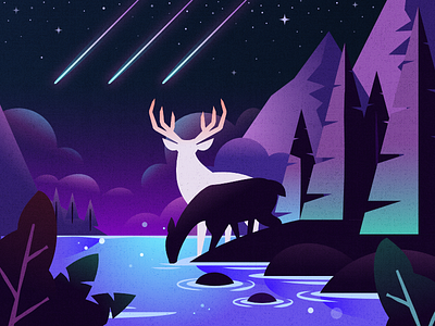 Deer deer forest illustration lake night post card shooting stars stag