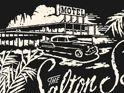 Motel car grunge illustration motel palms script texture vintage
