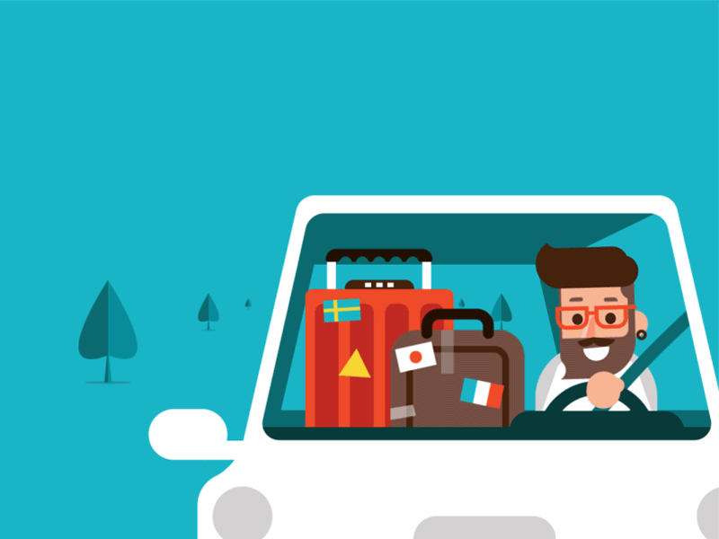 Roadtrip I beard car character driving glasses luggage roadtrip trees