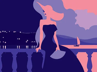 Lady in a hat fan girl illustration lady sea sky woman