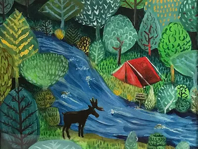 Camp Wagner camping gouache illustration woods
