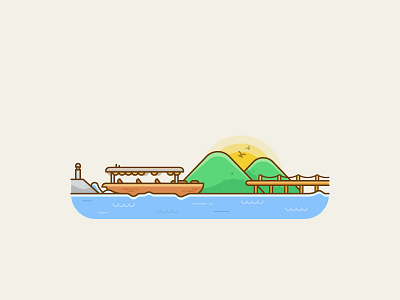 Lake bird boat boating illustration lake mountain nature park relax stone sun water