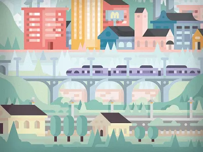 landscape brige city flat design geometric hill landscape mountain street train tree