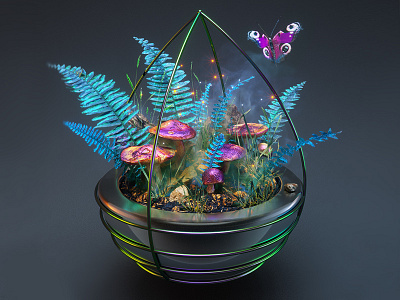 Dome 3d butterfly cinema 4d fairy fluorescent illustration leaf magic mushrooms nature plant