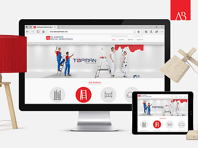 Al Bawadi Metal Industries Website Mockup aluminium ladders aluminium scaffolding metal industries website modern website parallax website red simple website tablet and mobile website ui design web design website design website mockup