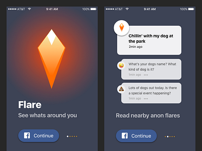 Flare iOS Auth Carousel carousel emoji facebook ios iphone post sign up simple social tutorial ui ux