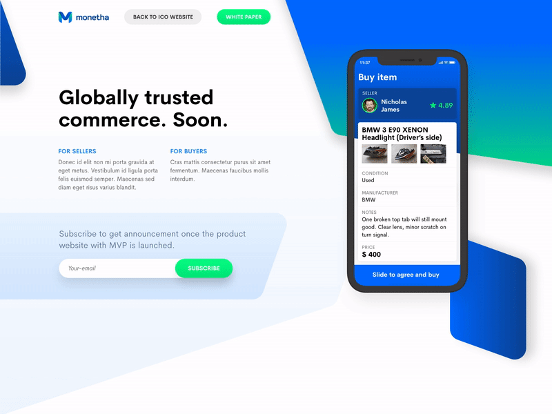 Monetha Teaser Website blockchain ethereum ico landing page product reveal web website