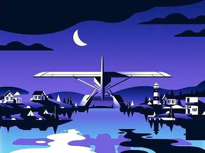 Late Night Landing gradient house illustration landscape lighthouse minimal monochrome moon night plane retro vector