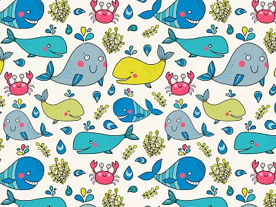 Lovely whales children crab cute ocean pattern sea seamless whale