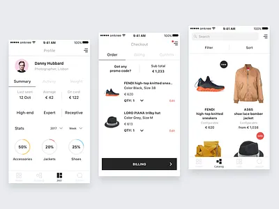 Omknee Profile Checkout & Catalog app catalog checkout ecommerce ios minimal profile ui ux white