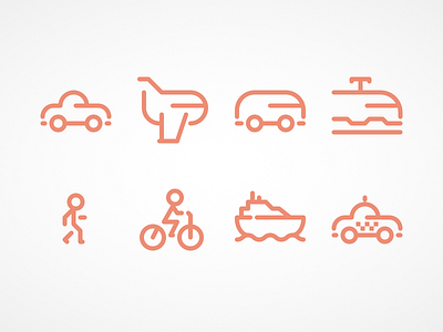 Travel icons bicycle boat bus car iconography icons line icons plane taxi train travel walking