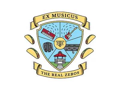 The Real Zebos - Ex Musicus band crest ex musicus monogram guitar jacket keyboard logo music piano ribbon seal tacos