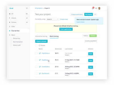 Deploy ai application chatbot dashboard entities framework intents test train web