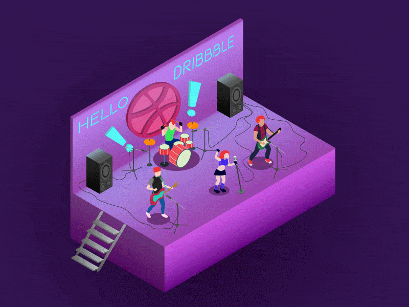 Hello Dribbble!! animation band concert gif illustration isometric music performers rock