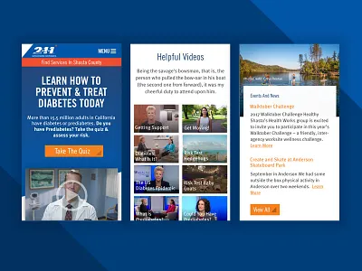 211 Diabetes events health landing page layout mobile website quizzes statistics videos wellness