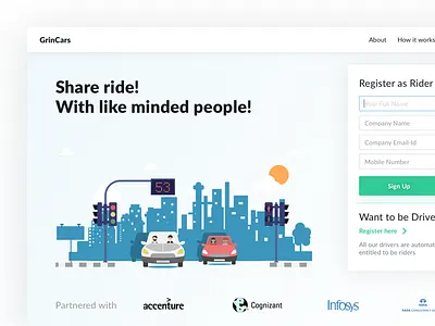 Ride Share app - Landing Page - WIP app car pool carpool forms mobile ride signup uber web