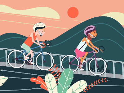 kids 2d bicycle children flat flowers mountains nature plant road sun