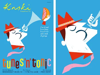 Tunes 'n' Tonic 60s beat beatnik citrus drinks orange party poster trumpet