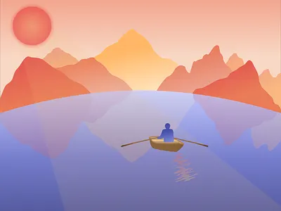 a red sunrise illustration lake light mountains nature rowboat sketch sun sunrise