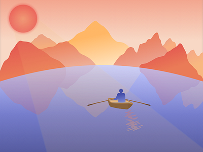 a red sunrise illustration lake light mountains nature rowboat sketch sun sunrise