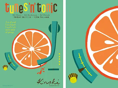 Tunes 'n' Tonic 60s beat citrus cocktails dj drinks orange party poster vinyl vinylsmorefun