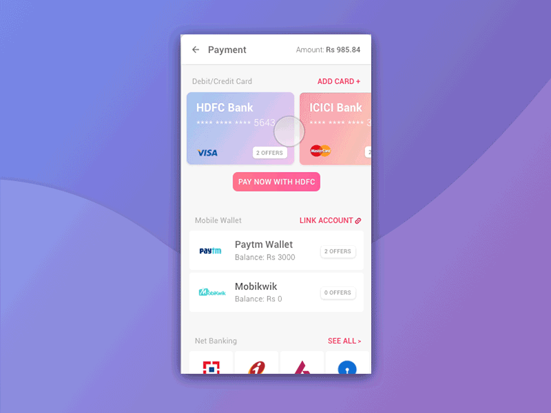 Payment Method Selection Screen android application banking card mobile net payment wallet